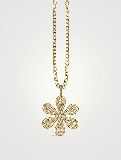 XL 14K Gold Daisy Pendant Necklace With Pavé Diamonds