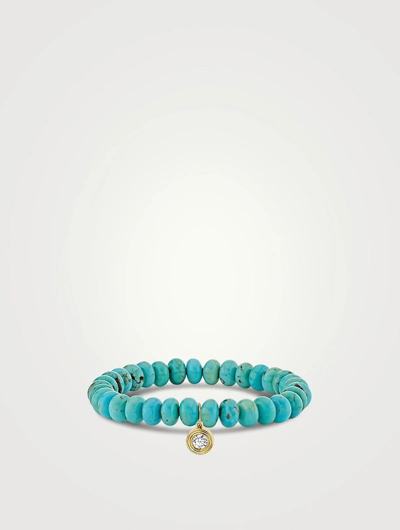 Turquoise Beaded Bracelet With 14K Gold Fluted Single Diamond Charm