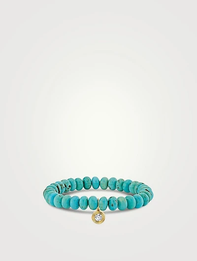 Turquoise Beaded Bracelet With 14K Gold Fluted Single Diamond Charm