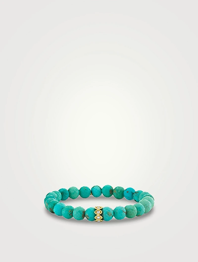 Turquoise Beaded Bracelet With 14K Gold Diamond Evil Eye Charm
