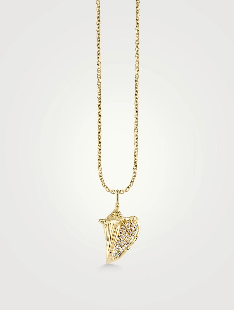 Large 14K Gold Conch Shell Pendant Necklace With Pavé Diamonds