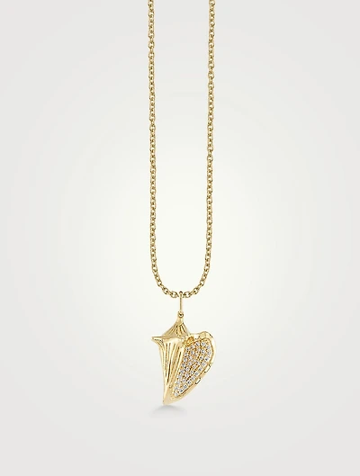 Large 14K Gold Conch Shell Pendant Necklace With Pavé Diamonds