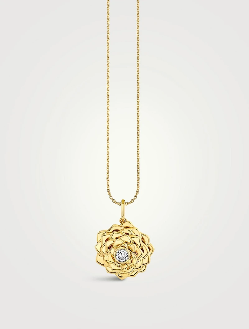 14K Gold Camellia Pendant Necklace With Diamond
