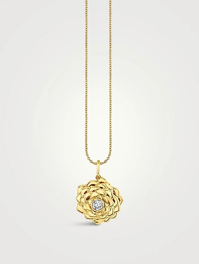 14K Gold Camellia Pendant Necklace With Diamond