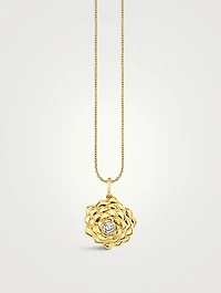14K Gold Camellia Pendant Necklace With Diamond