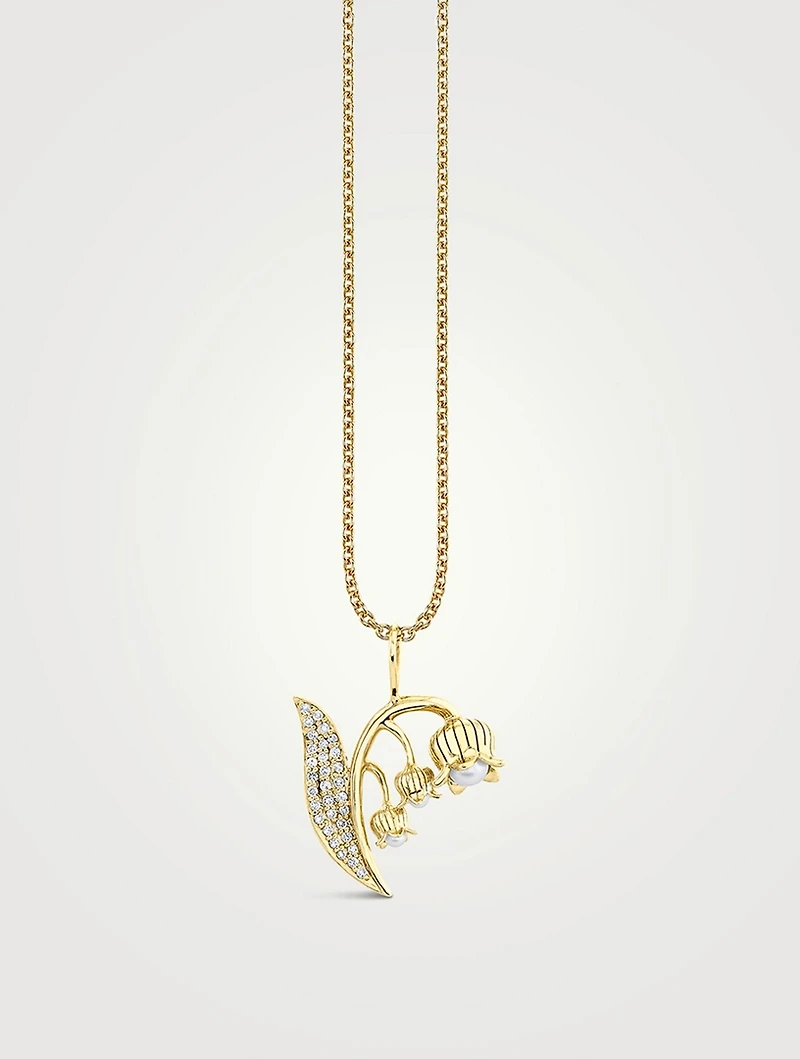 14K Gold Lily Of The Valley Pendant Necklace With Pearls And Diamonds