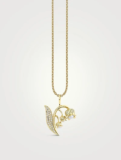 14K Gold Lily Of The Valley Pendant Necklace With Pearls And Diamonds