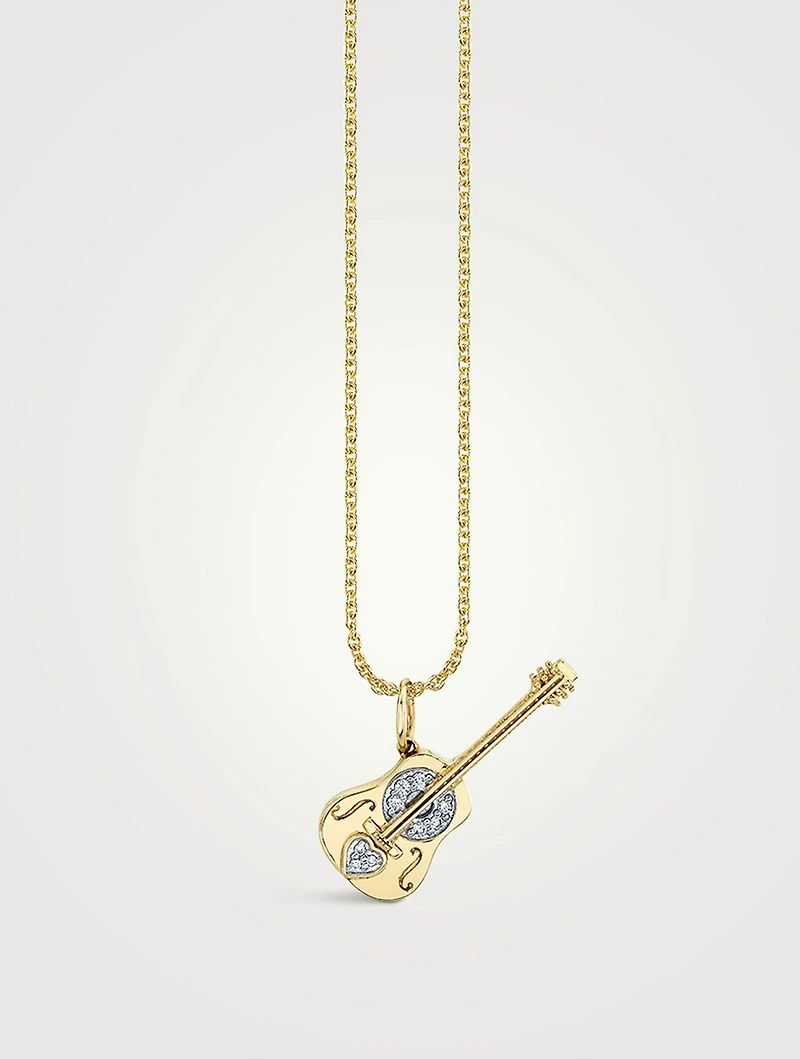 14K Gold Acoustic Guitar Pendant Necklace With Diamonds