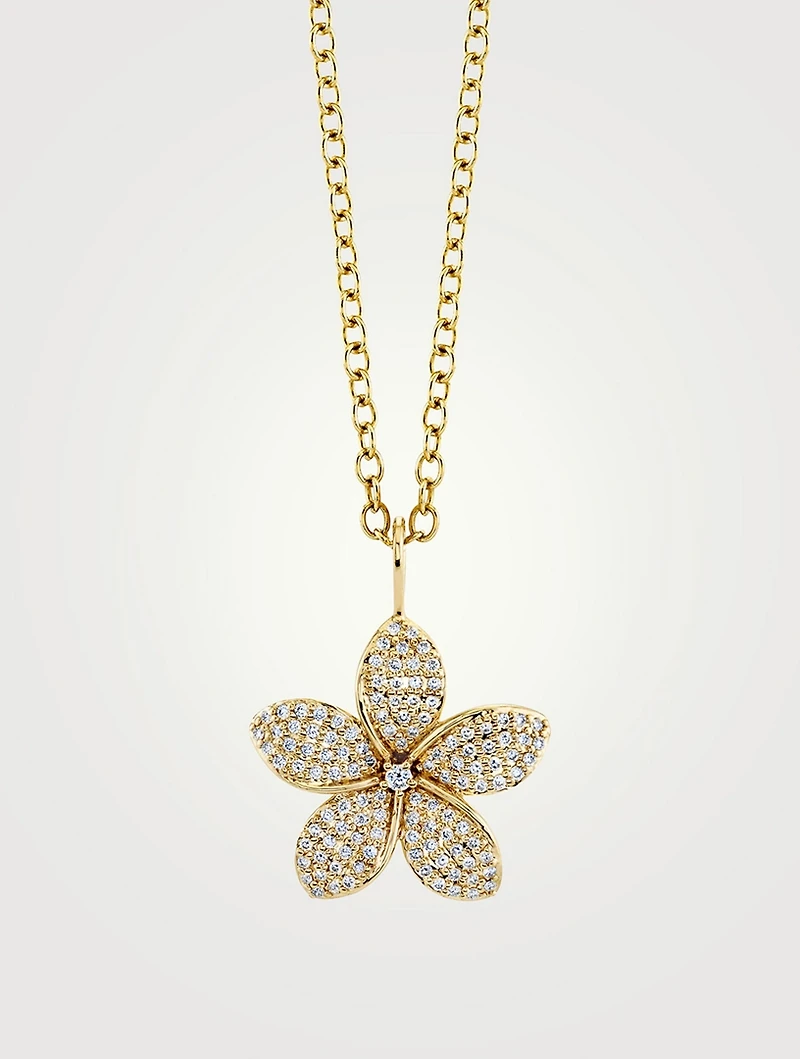 Large 14K Gold Plumeria Pendant Necklace With Diamonds