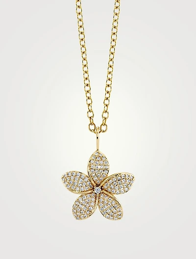 Large 14K Gold Plumeria Pendant Necklace With Diamonds