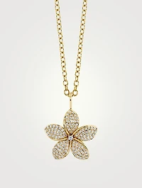 Large 14K Gold Plumeria Pendant Necklace With Diamonds