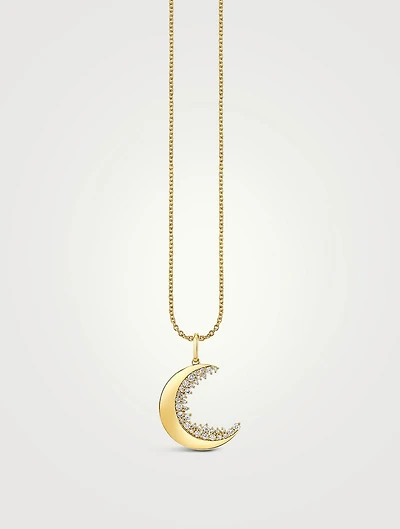 14K Gold Crescent Moon Pendant Necklace With Diamonds