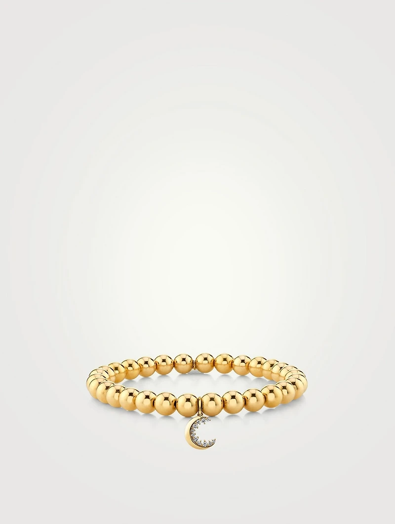 14K Gold Beaded Bracelet With Small Diamond Moon Charm