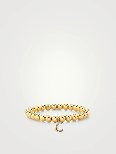 14K Gold Beaded Bracelet With Small Diamond Moon Charm