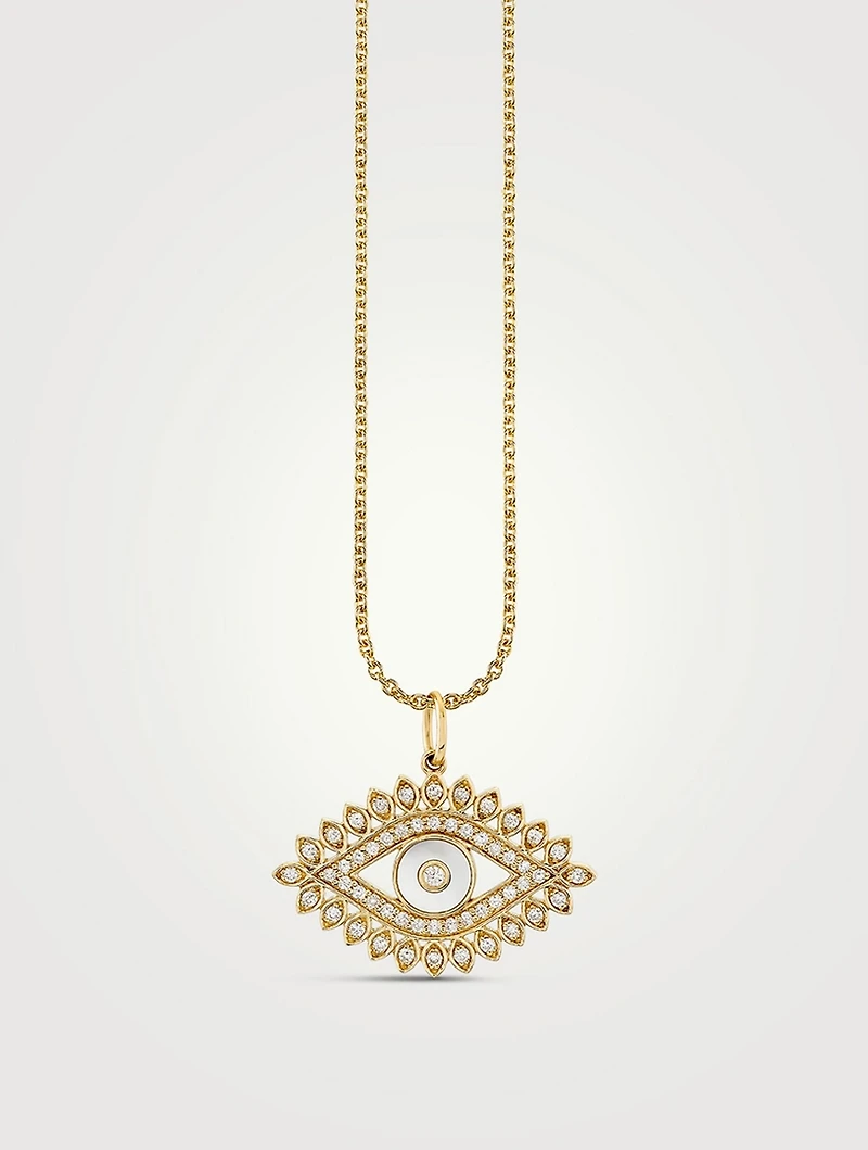 14K Gold Marquise Evil Eye Pendant Necklace With Pearl And Diamonds