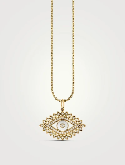 14K Gold Marquise Evil Eye Pendant Necklace With Pearl And Diamonds
