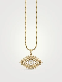 14K Gold Marquise Evil Eye Pendant Necklace With Pearl And Diamonds