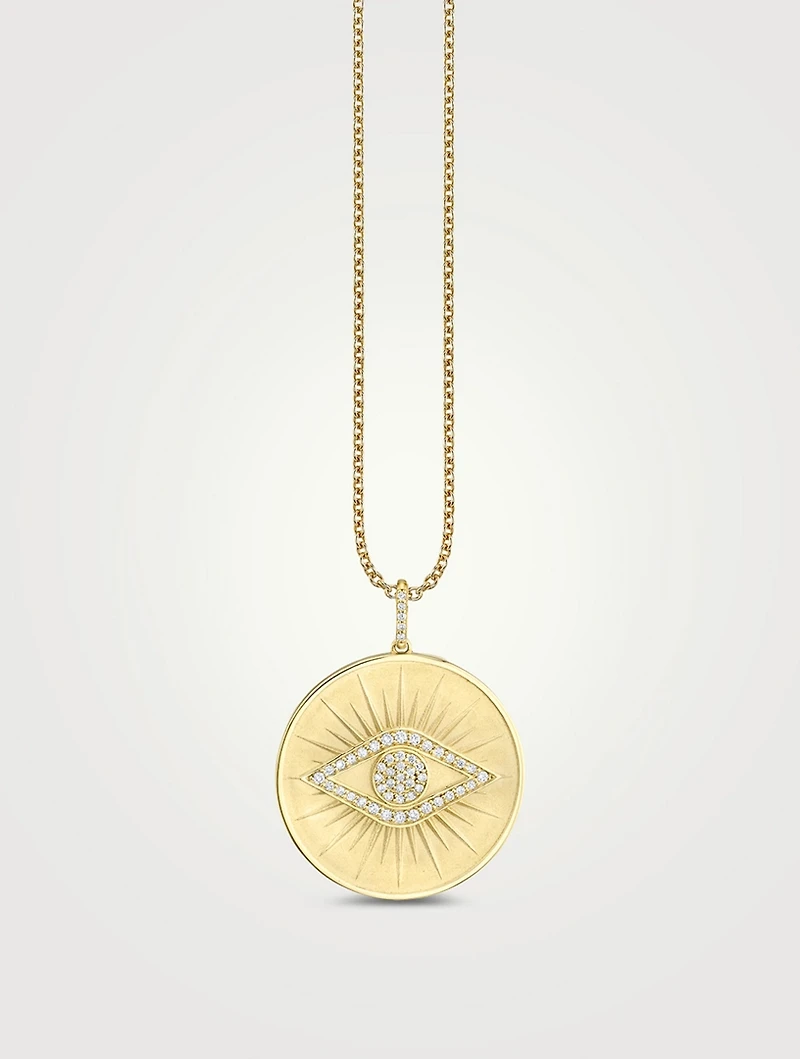 14K Gold Evil Eye Rays Coin Pendant Necklace With Diamonds