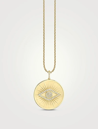 14K Gold Evil Eye Rays Coin Pendant Necklace With Diamonds
