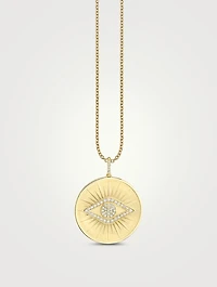 14K Gold Evil Eye Rays Coin Pendant Necklace With Diamonds