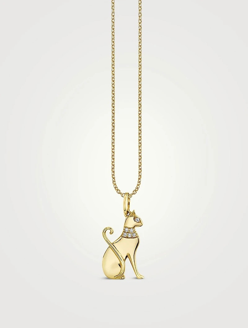 14K Gold Egyptian Cat Pendant Necklace With Diamonds