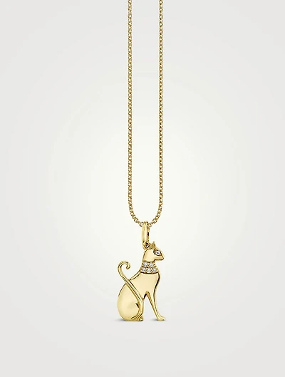 14K Gold Egyptian Cat Pendant Necklace With Diamonds