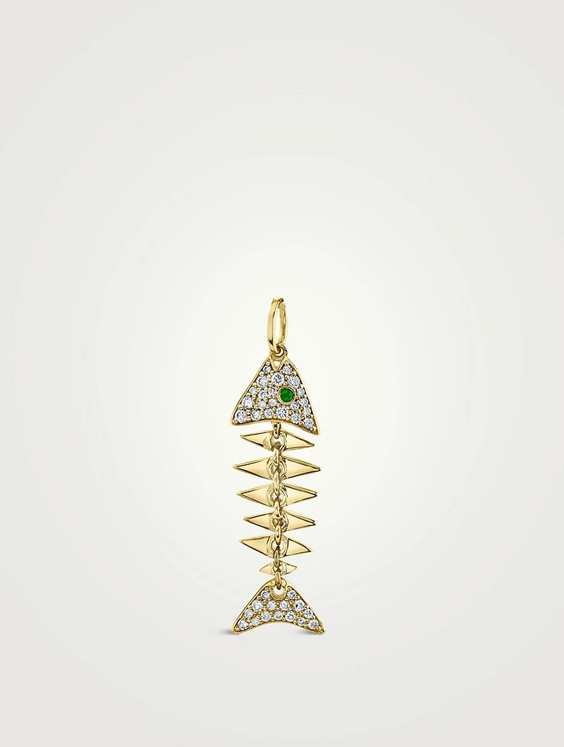 Large 14K Gold Fishbone Charm With Emerald And Diamonds