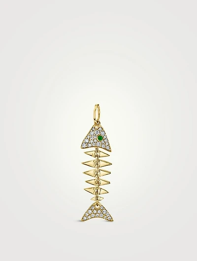 Large 14K Gold Fishbone Charm With Emerald And Diamonds