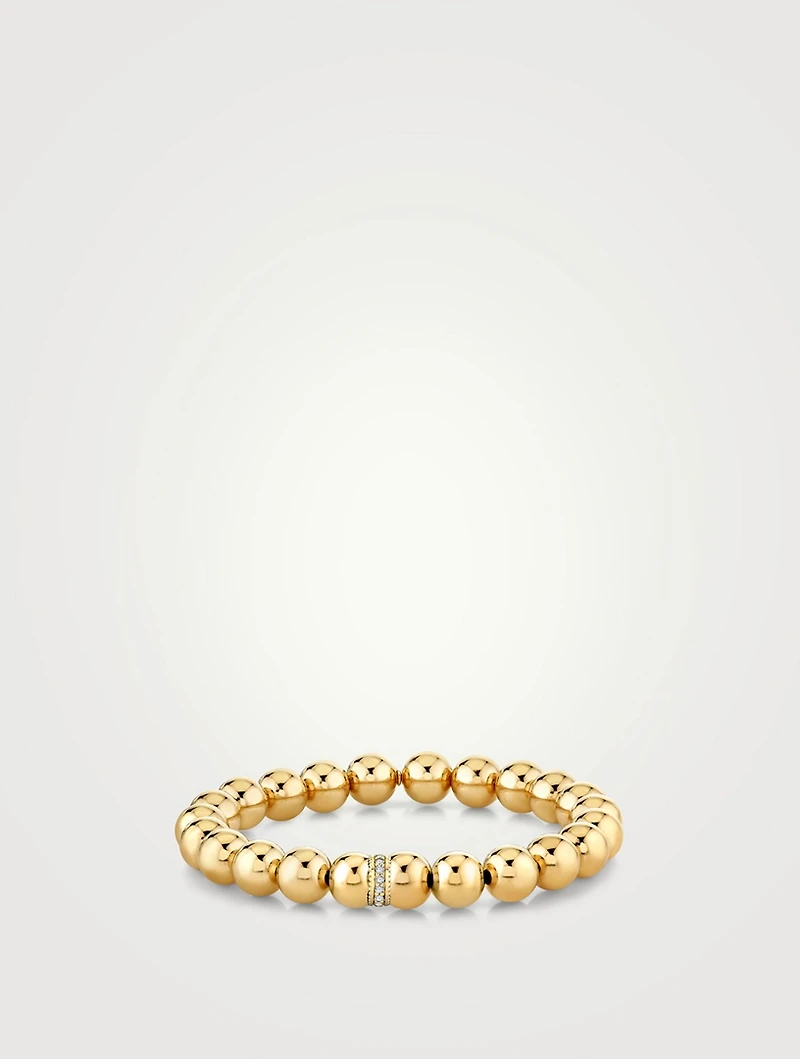 14K Gold Beaded Bracelet With 14K Gold Diamond Scallop Rondelle