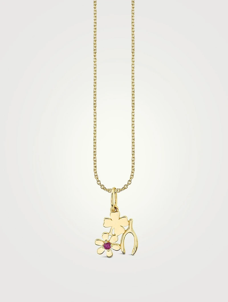 14K Gold Lucky Wish Pendant Necklace With Ruby