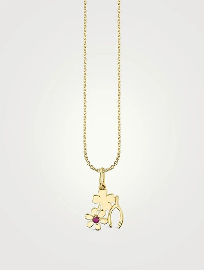 14K Gold Lucky Wish Pendant Necklace With Ruby
