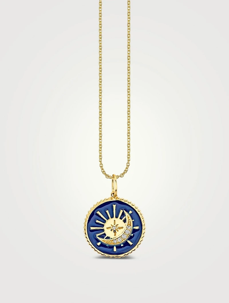 14K Gold Sun And Moon Medallion Pendant Necklace With Diamonds