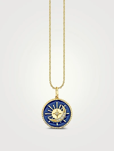 14K Gold Sun And Moon Medallion Pendant Necklace With Diamonds
