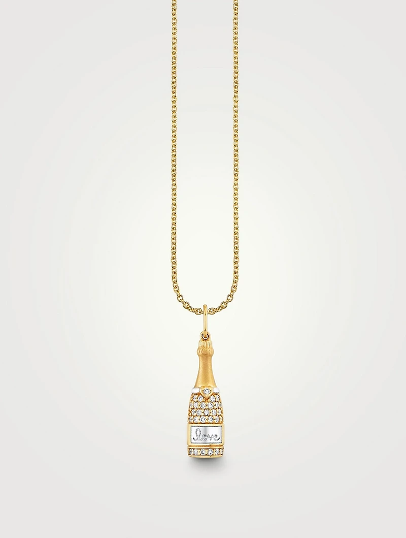 14K Gold Champagne Bottle Pendant Necklace With Diamonds