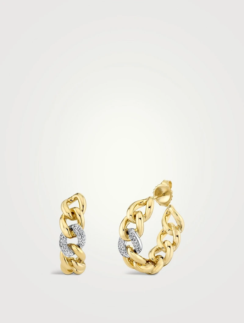 Small Two-Tone 14K Gold Link Hoop Earrings With Diamonds