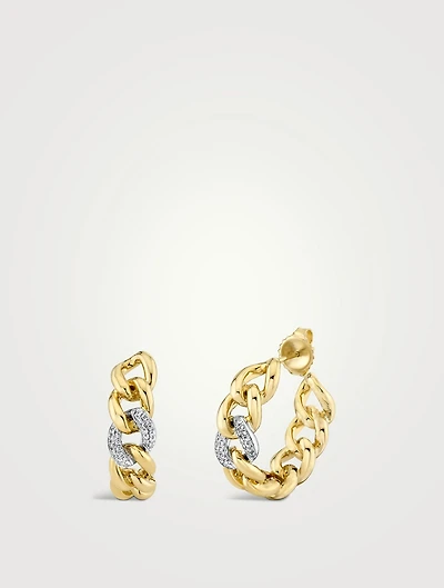 Small Two-Tone 14K Gold Link Hoop Earrings With Diamonds