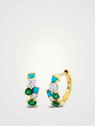 14K Gold Tri-Stone Huggie Hoop Earrings With Diamonds