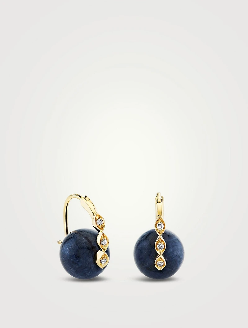 14K Gold Marquise-Eye Blue Sapphire Bead Earrings With Diamonds