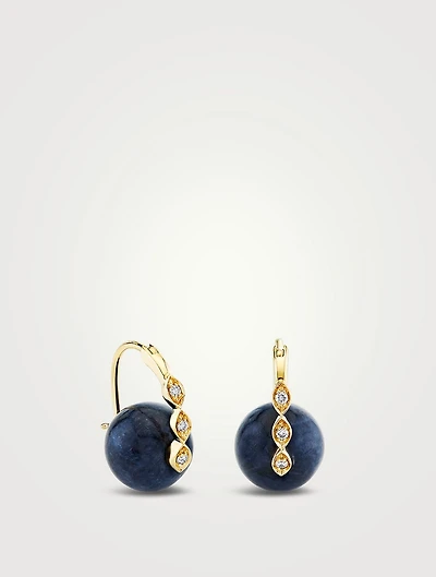 14K Gold Marquise-Eye Blue Sapphire Bead Earrings With Diamonds