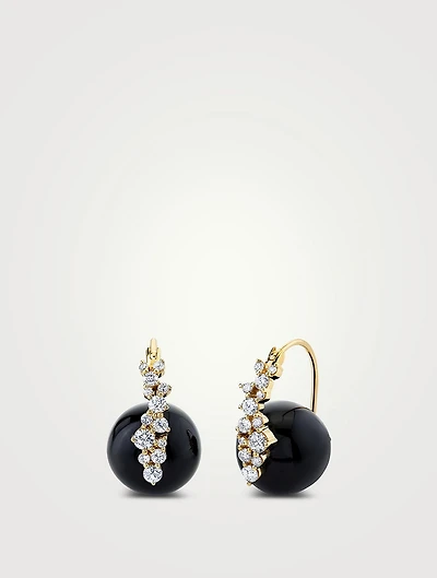 14K Gold Cocktail Black Onyx Bead Earrings With Diamonds