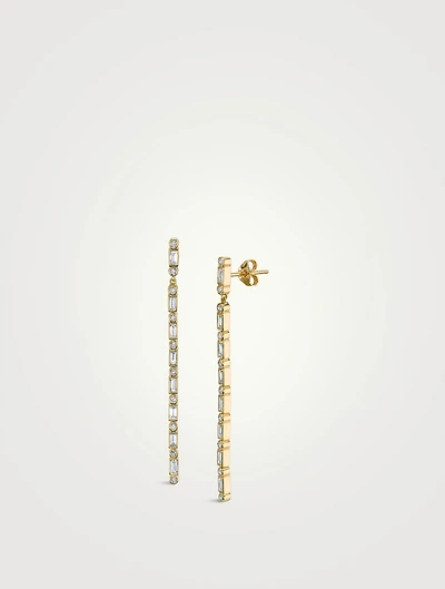 14K Gold Baguette And Round Diamond Bezel Drop Earrings