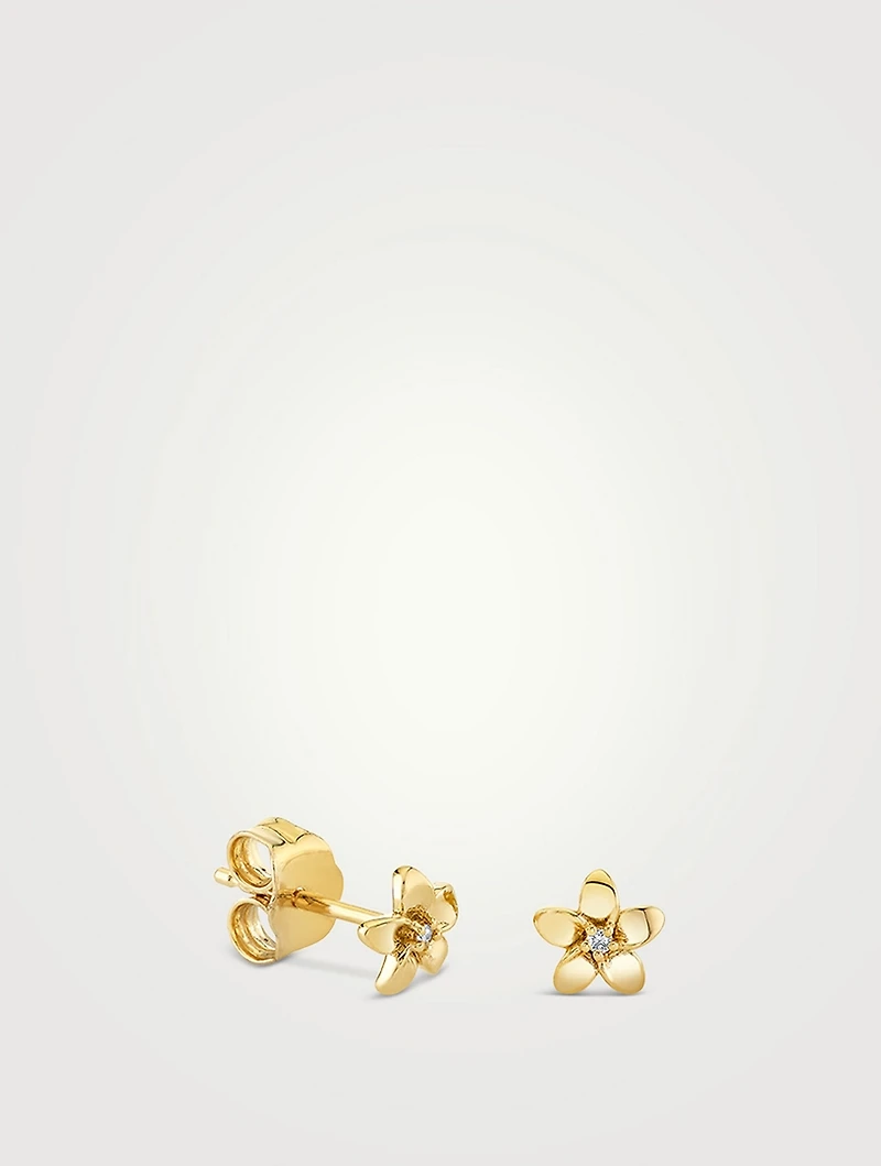 Tiny 14K Gold Plumeria Stud Earrings With Diamonds