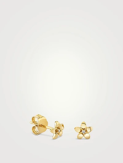 Tiny 14K Gold Plumeria Stud Earrings With Diamonds