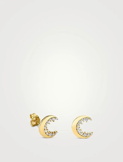 14K Crescent Moon Stud Earrings With Diamonds