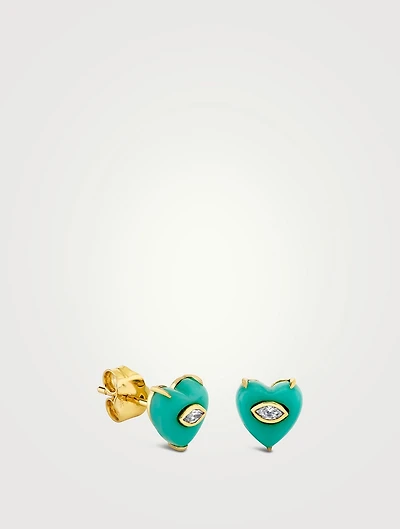 14K Gold Turquoise Eye Heart Stud Earrings With Diamonds