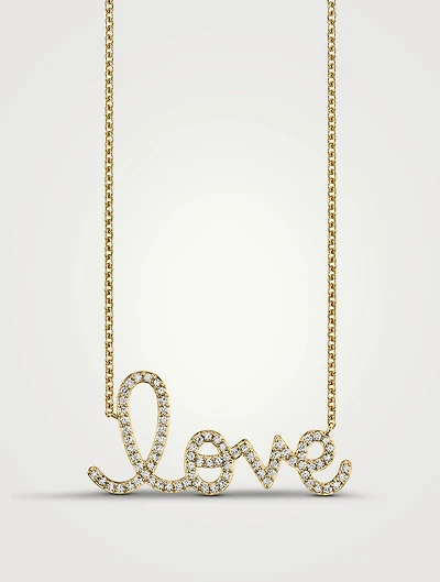 Big 14K Gold Love Script Necklace With Diamonds