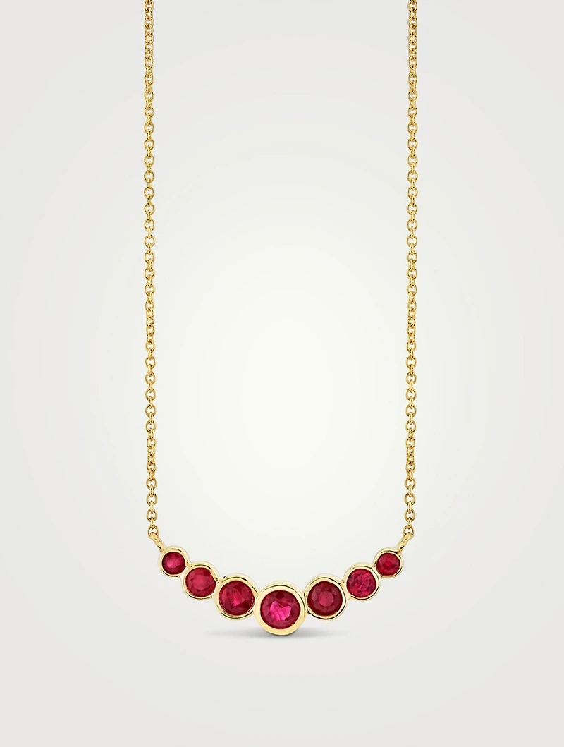 14K Gold Graduated Bezel Curve Bar Necklace With Rubies