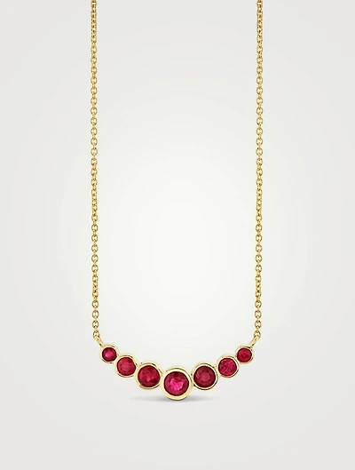 14K Gold Graduated Bezel Curve Bar Necklace With Rubies