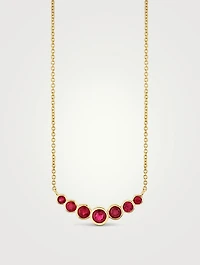 14K Gold Graduated Bezel Curve Bar Necklace With Rubies