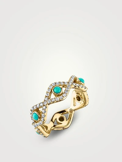 Large 14K Gold Bezel Turquoise Evil Eye Ring With Diamonds